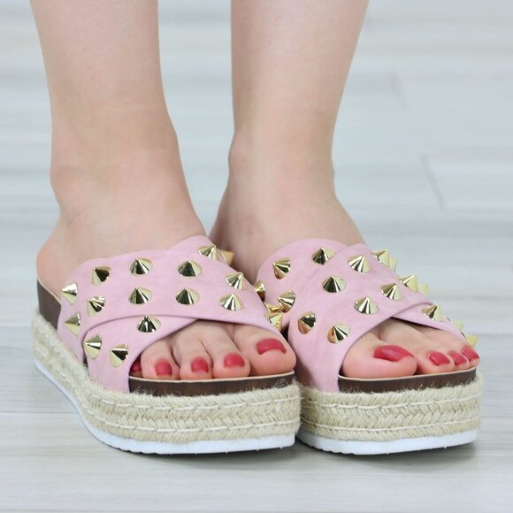 Pink Platform Sandals Nubuck Espadrille Heel Gold Metal Stud Slip On Sliders - Picture 7 of 12